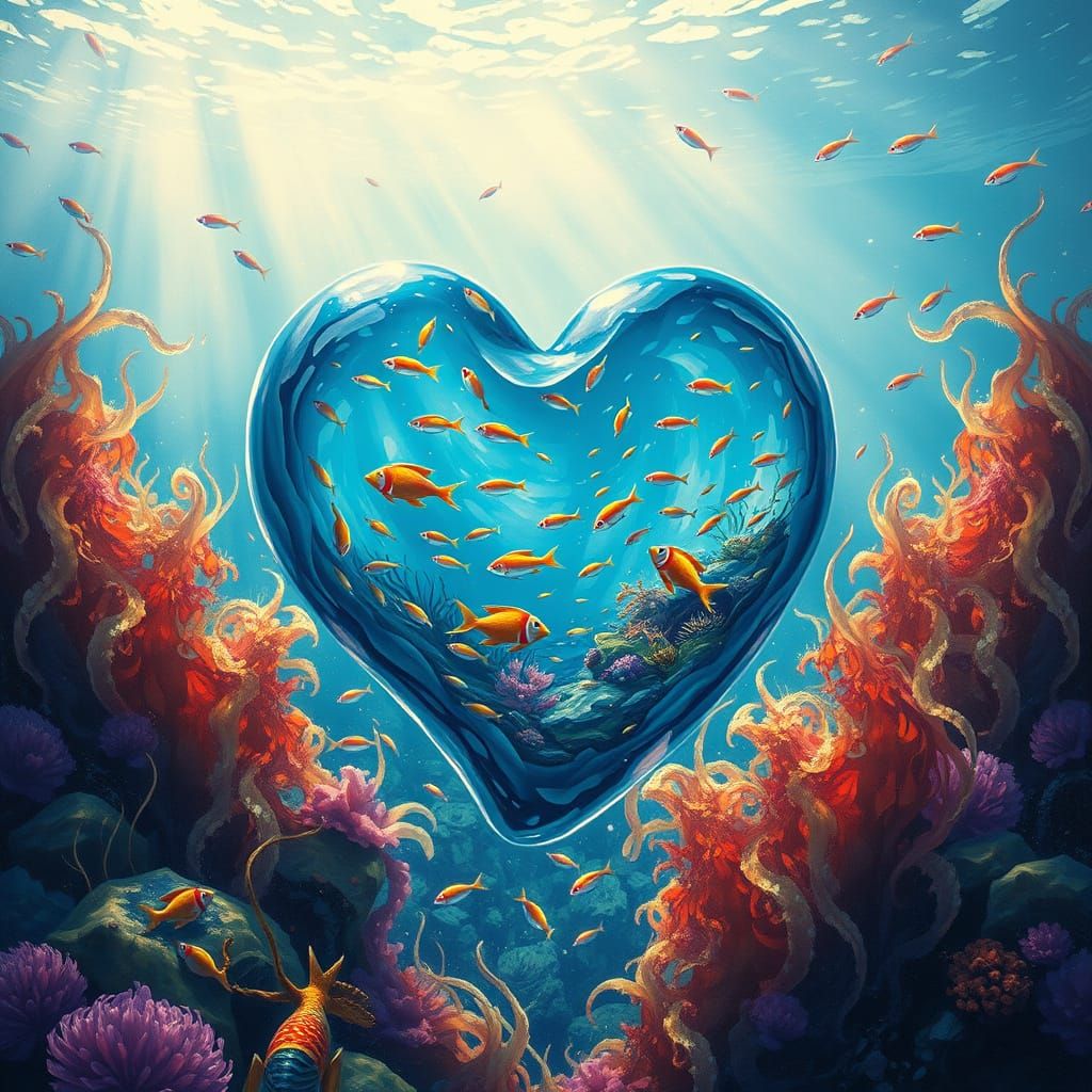 Heart-Shaped Glass on the Ocean Floor in Impressionist Style