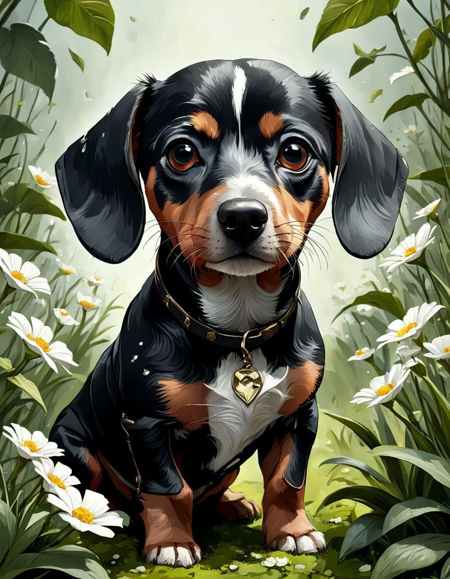 Cute Dachshund Pitbull Mix in Vibrant Floral Outfit