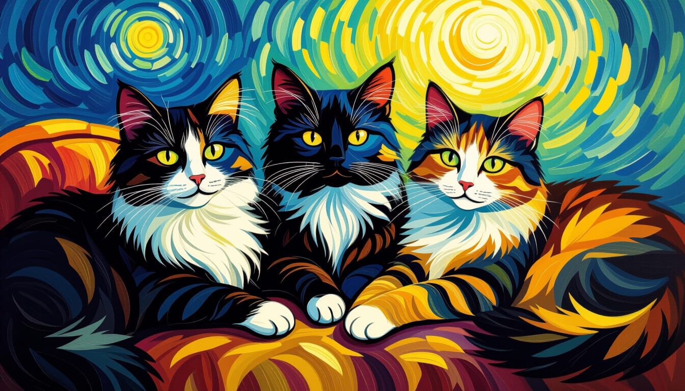 Three Cats in a Cozy Interior, Van Gogh Impasto Style