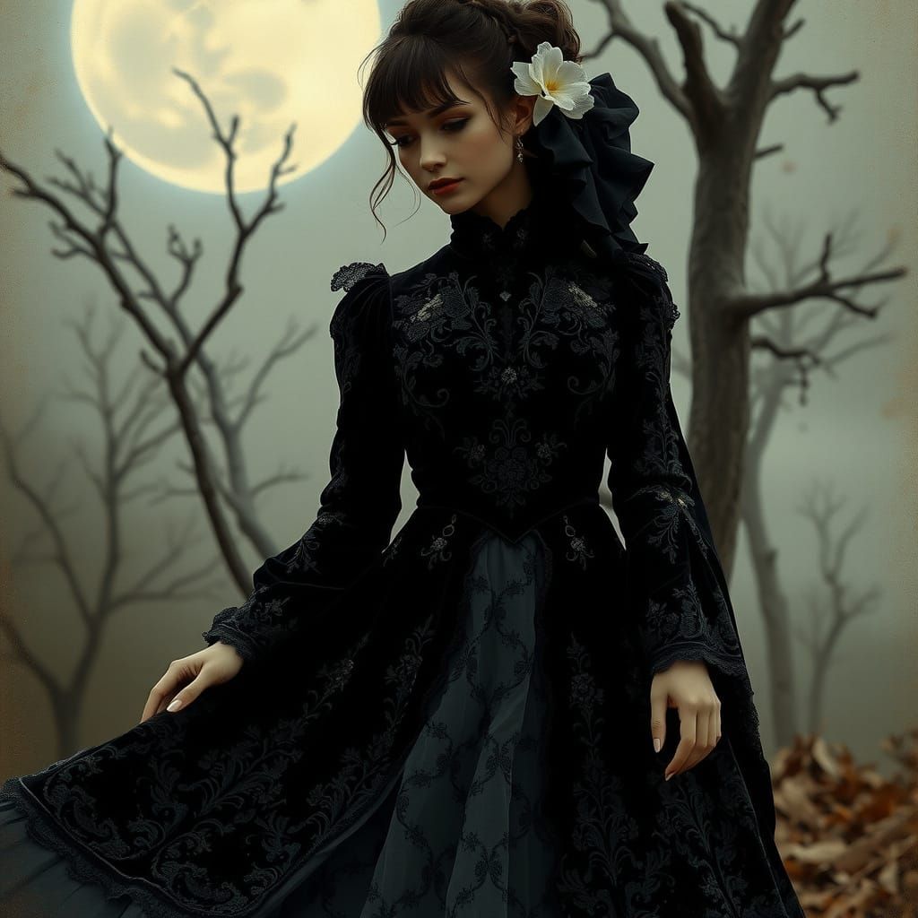 Victorian Woman in Moonlit Gothic Dress