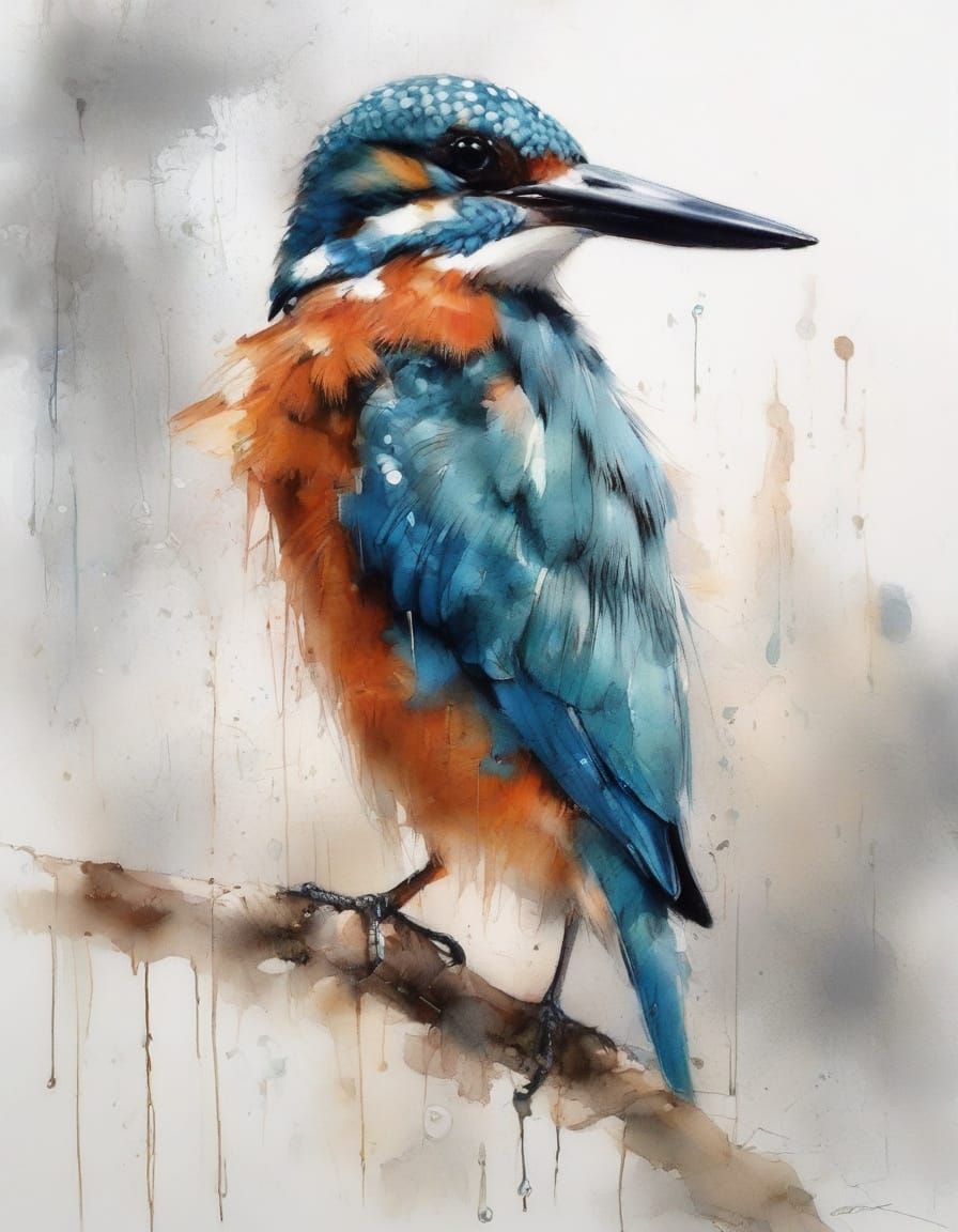 Kingfisher Perched Over River in Droplet Spray, Neo-Impressi...