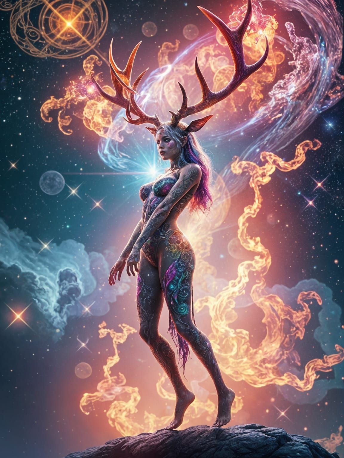 Dryad with Universe Antlers in Expressive Digital Art