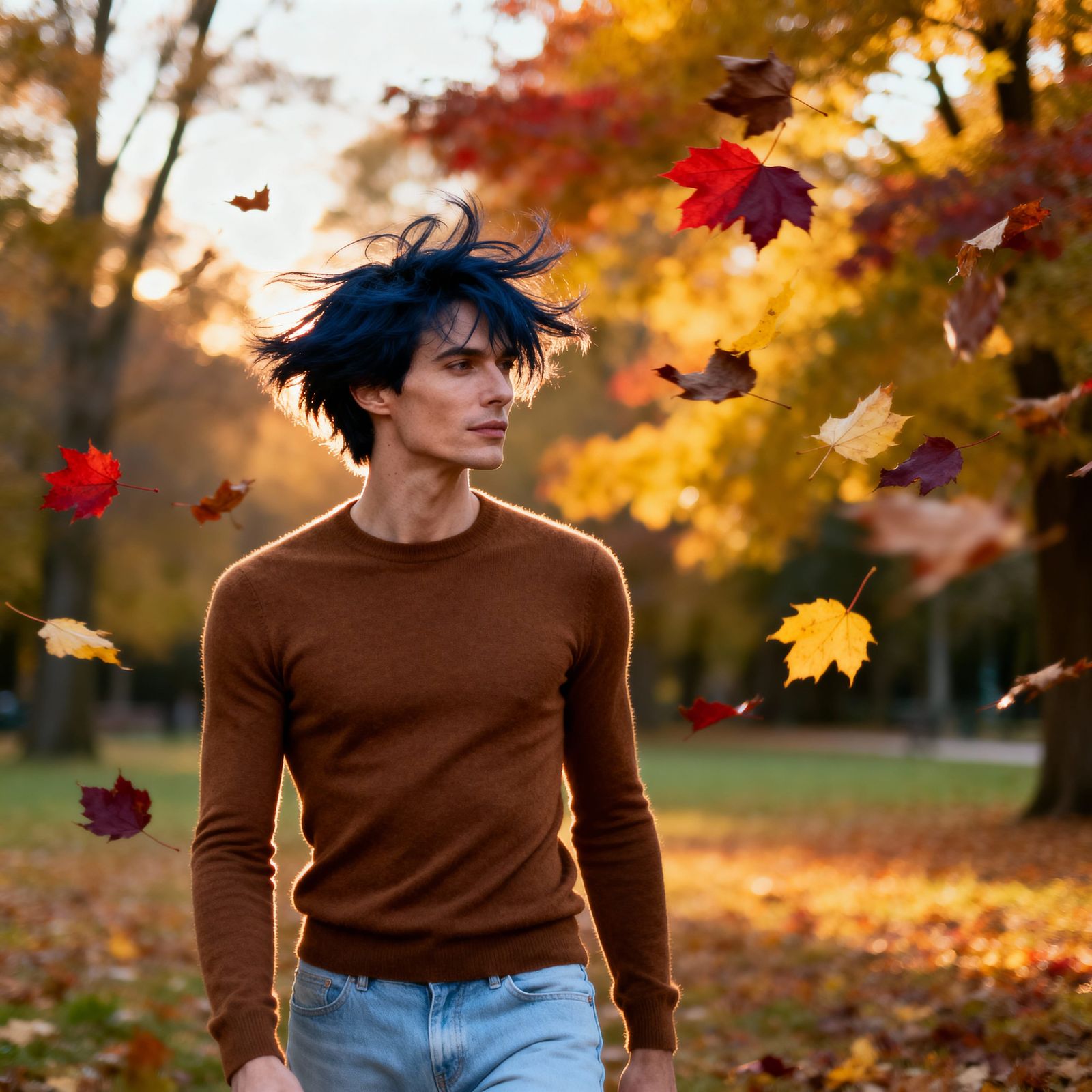 Androgynous Man in Autumn Park with Swirling Leaves