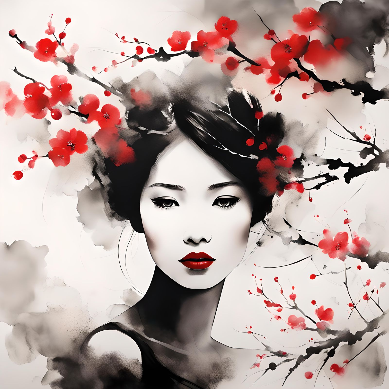 Ethereal Woman Portrait with Cherry Blossoms in Ink Wash Sty...