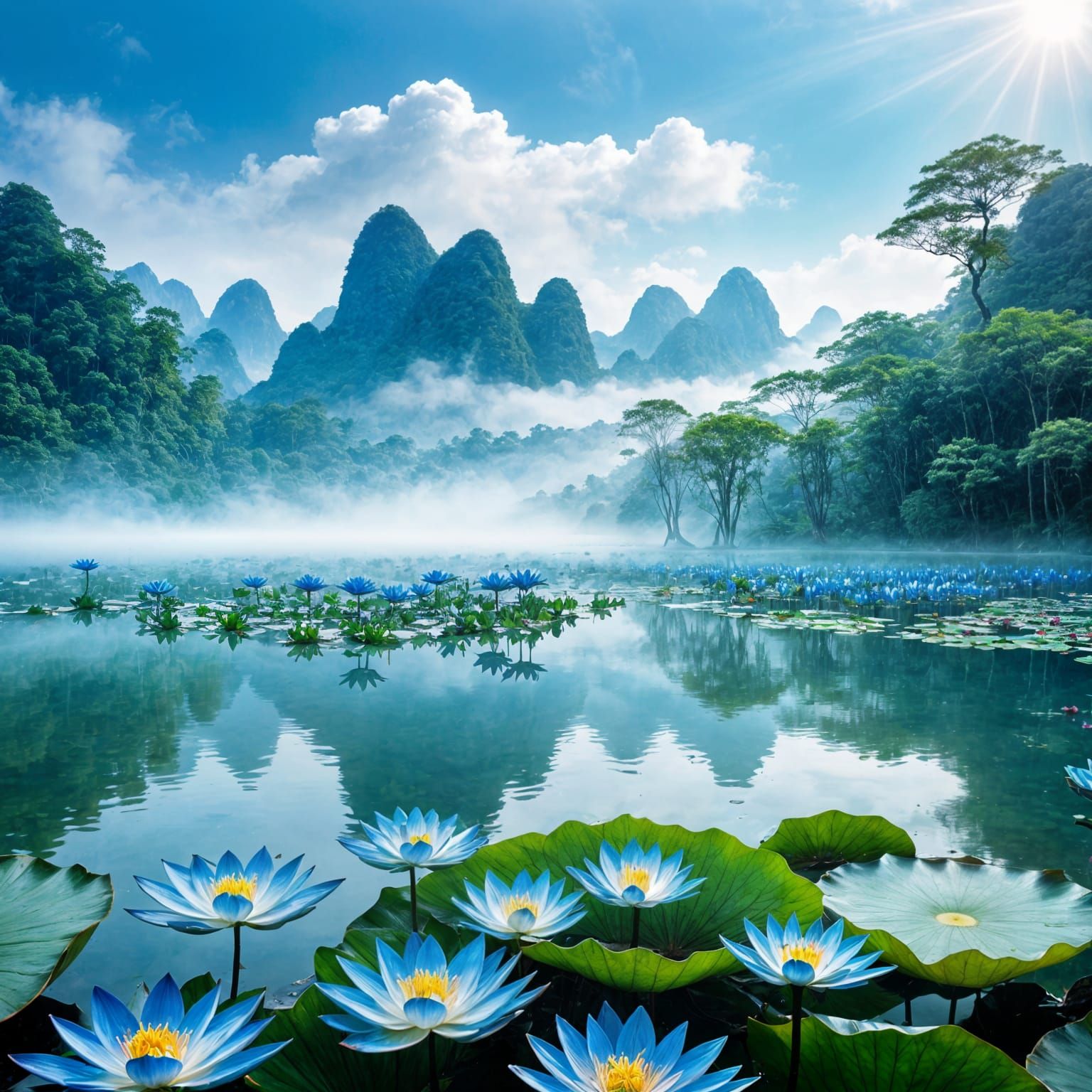 Misty Lake with Blue Lotus Flowers in Tran Ngoyen Style