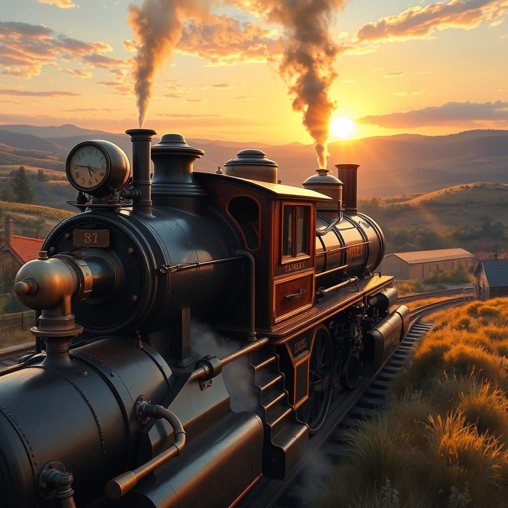 Vintage Steam Engine Train in Golden Sunset