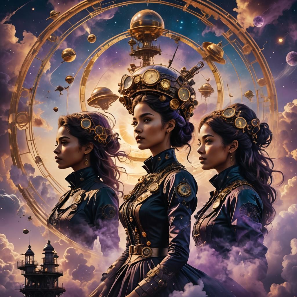 Celestial Women in Steampunk Double Exposure