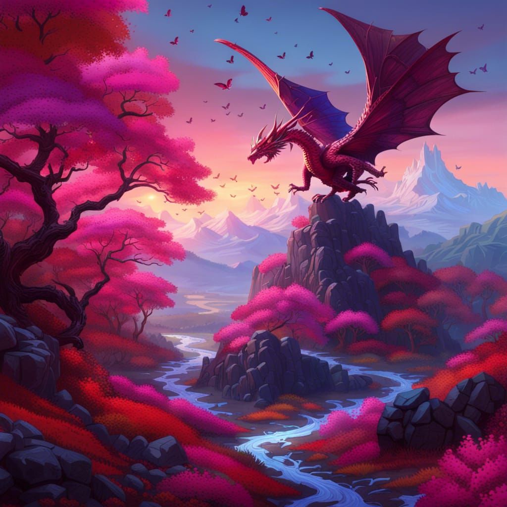 Fantasy Landscape with Dragon in Dark Fantasy Art Style