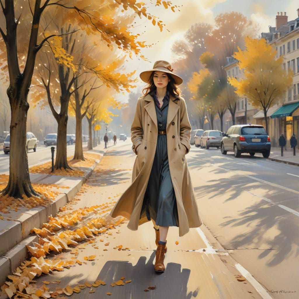A Woman Battles Autumn Winds in Impressionist Watercolor