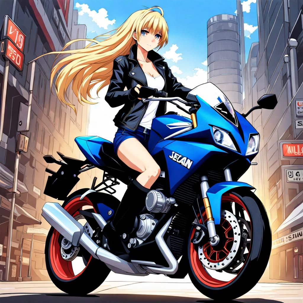 Anime Girl on Sports Bike in Leather Jacket