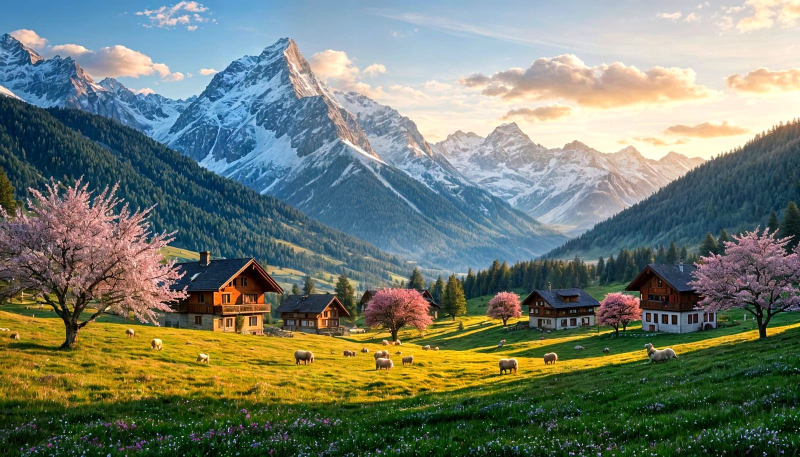 Swiss Alps Sunset With Chalets and Cherry Blossoms