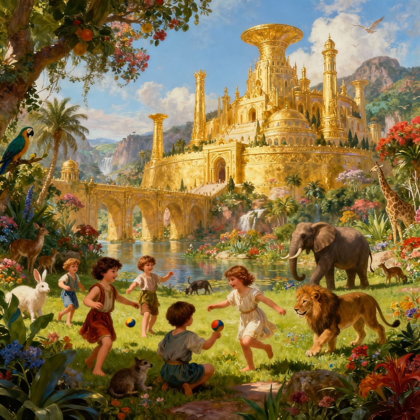 Golden Atlantis in Eden with Children and Animals, Oil Paint...
