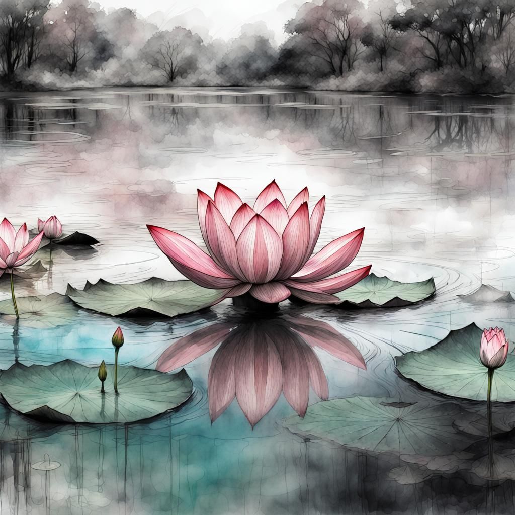 Single Lotus in Lake: Fantasy Watercolor Art