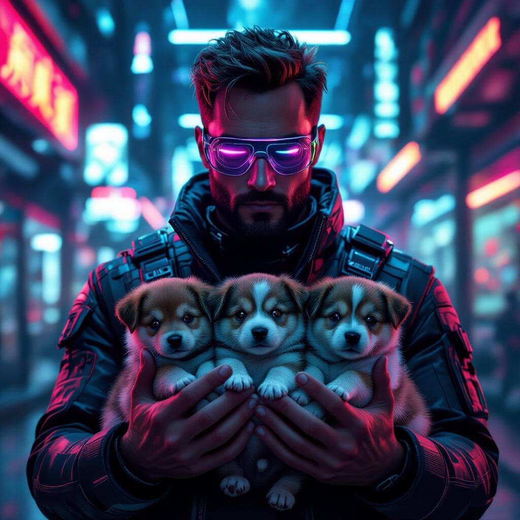Futuristic Man Holds Magical Glowing Puppies