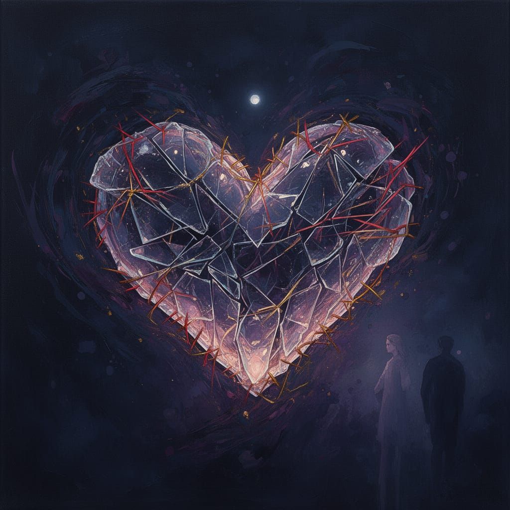 Cracked Glass Heart Glowing on Dark Canvas