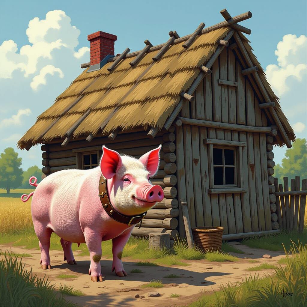 Photorealistic Pig Beside Stick House