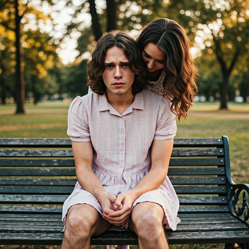 Young Man in Delicate Dress Sits on Park Bench with Loving G...