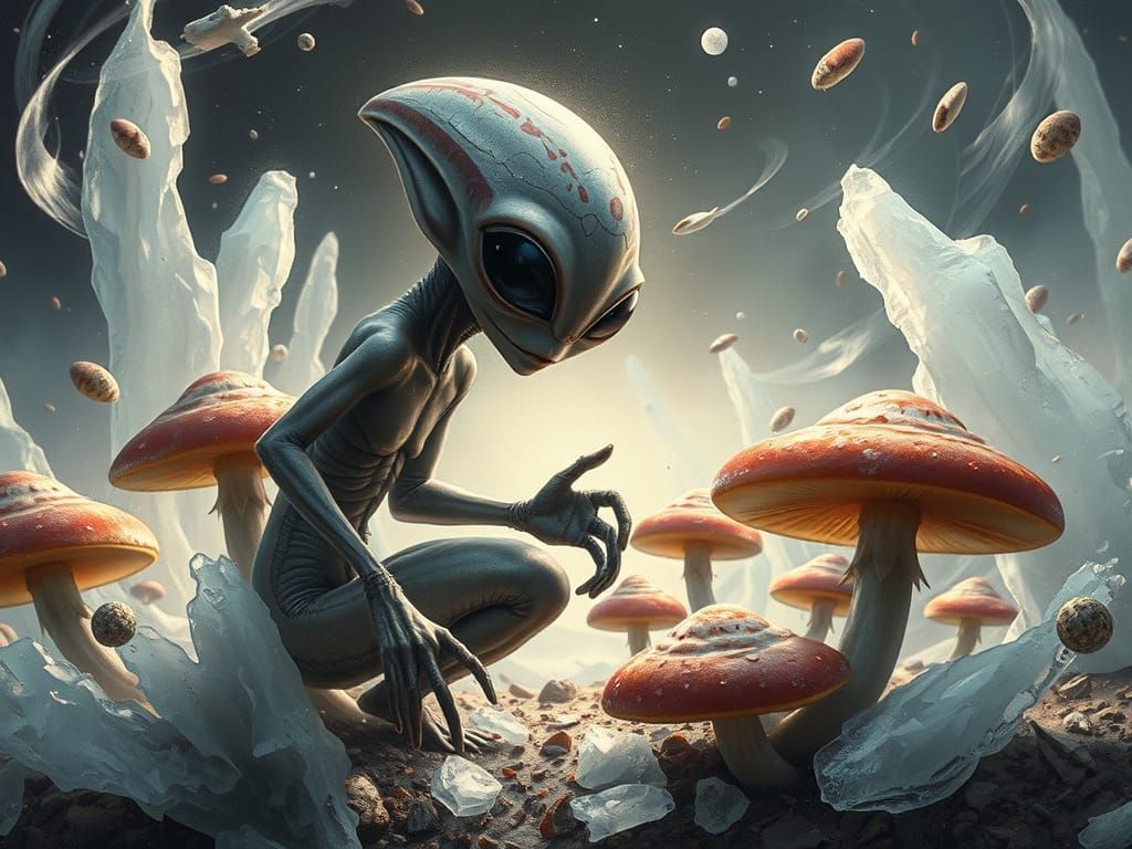 Whimsical Alien in a Mysterious Mushroom Landscape