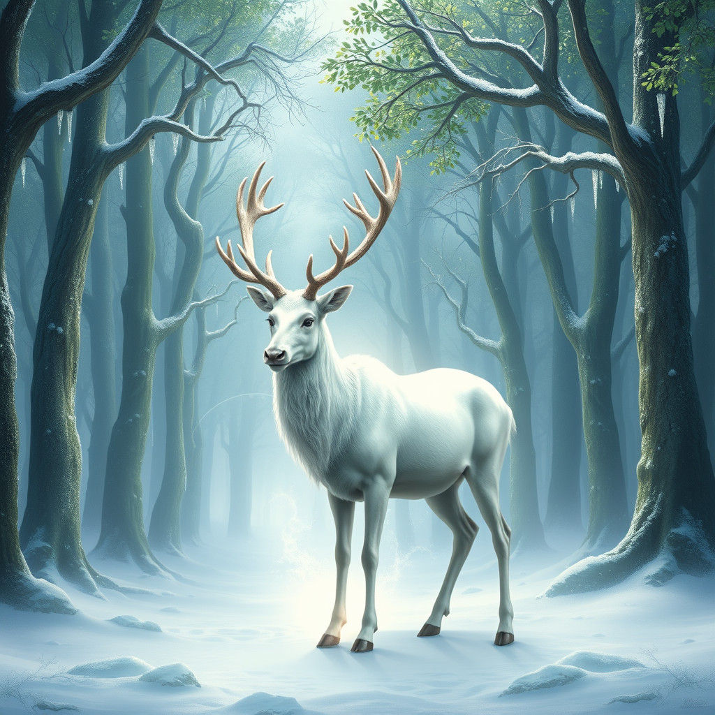 Ethereal Reindeer in Snowy Enchanted Forest