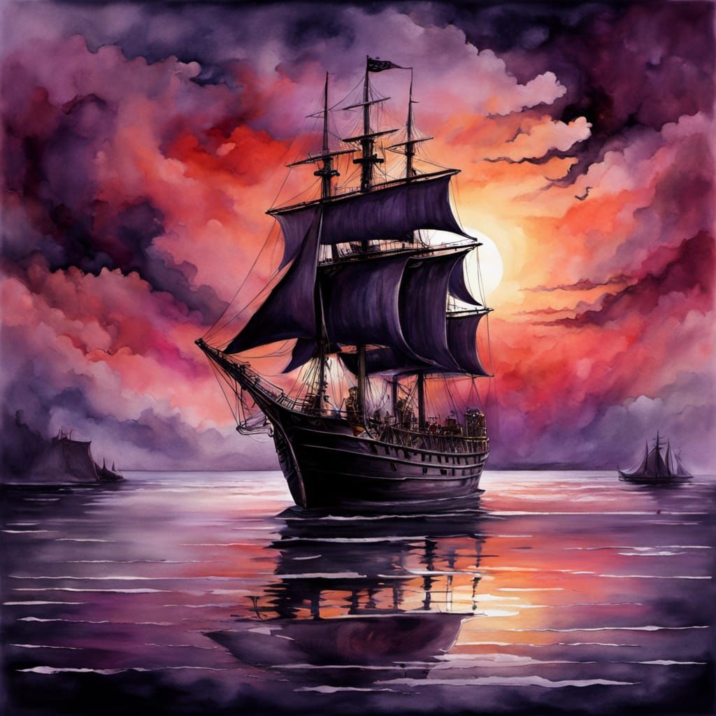 Surreal Sailing Ship at Sunset in Watercolor Style