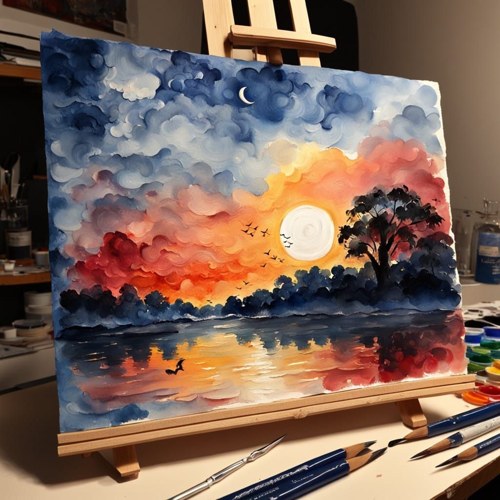 Vibrant Impasto Sunset with Celestial Bodies