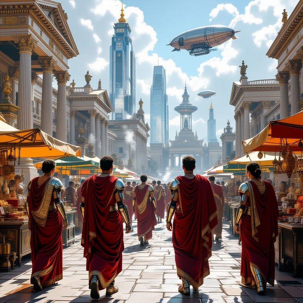 Futuristic Roman Marketplace with Cybernetic Citizens