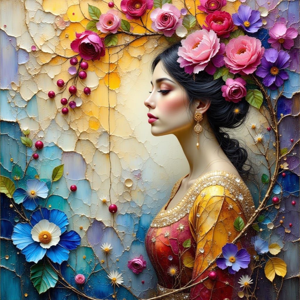 Woman Surrounded by Vibrant Blooms in Soft Metallic Hues
