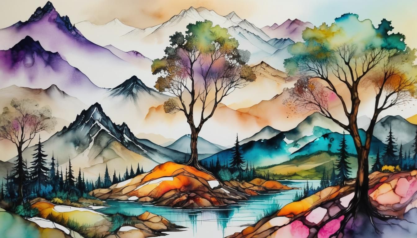 Beautiful landscape, trees, mountains, complex art, expressionism