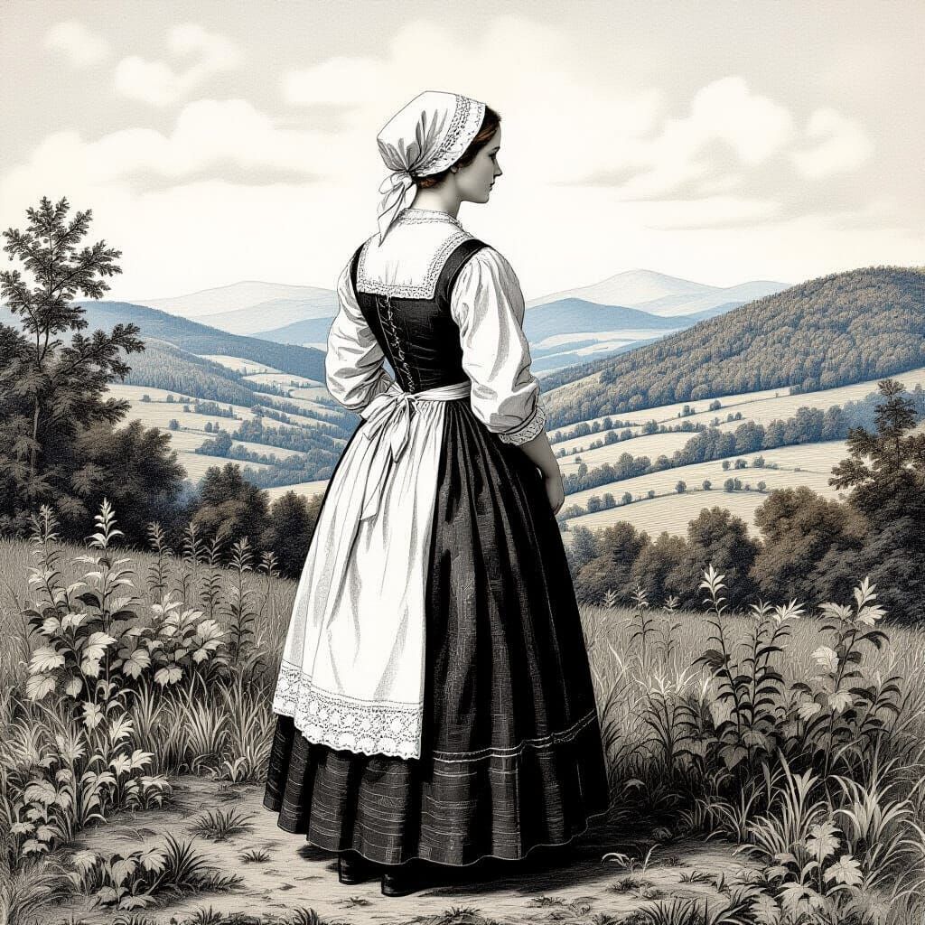 Swiss Mennonite Woman in Detailed Black and White Engraving