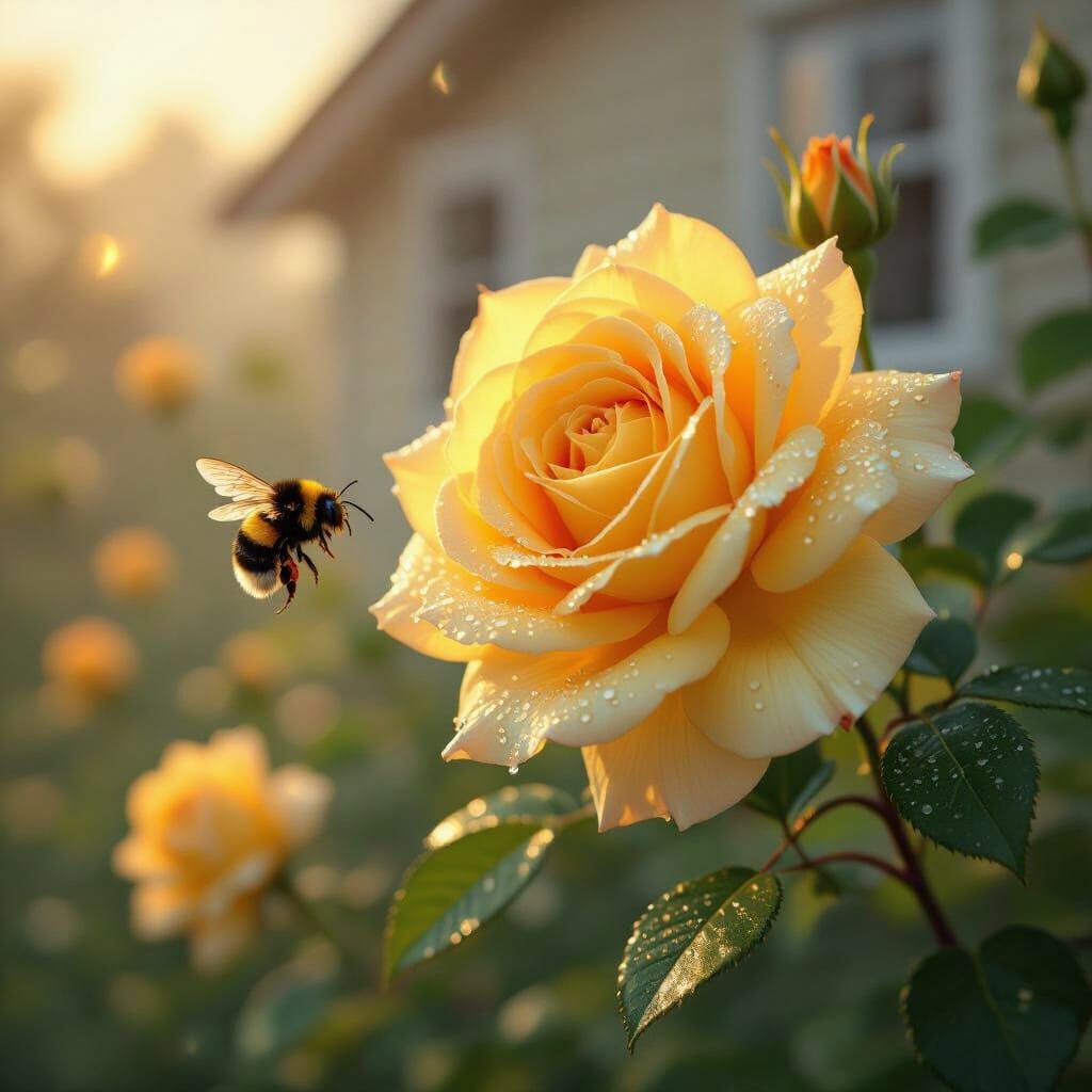 Dew-Covered Yellow Roses with Bumblebee in Morning Sun