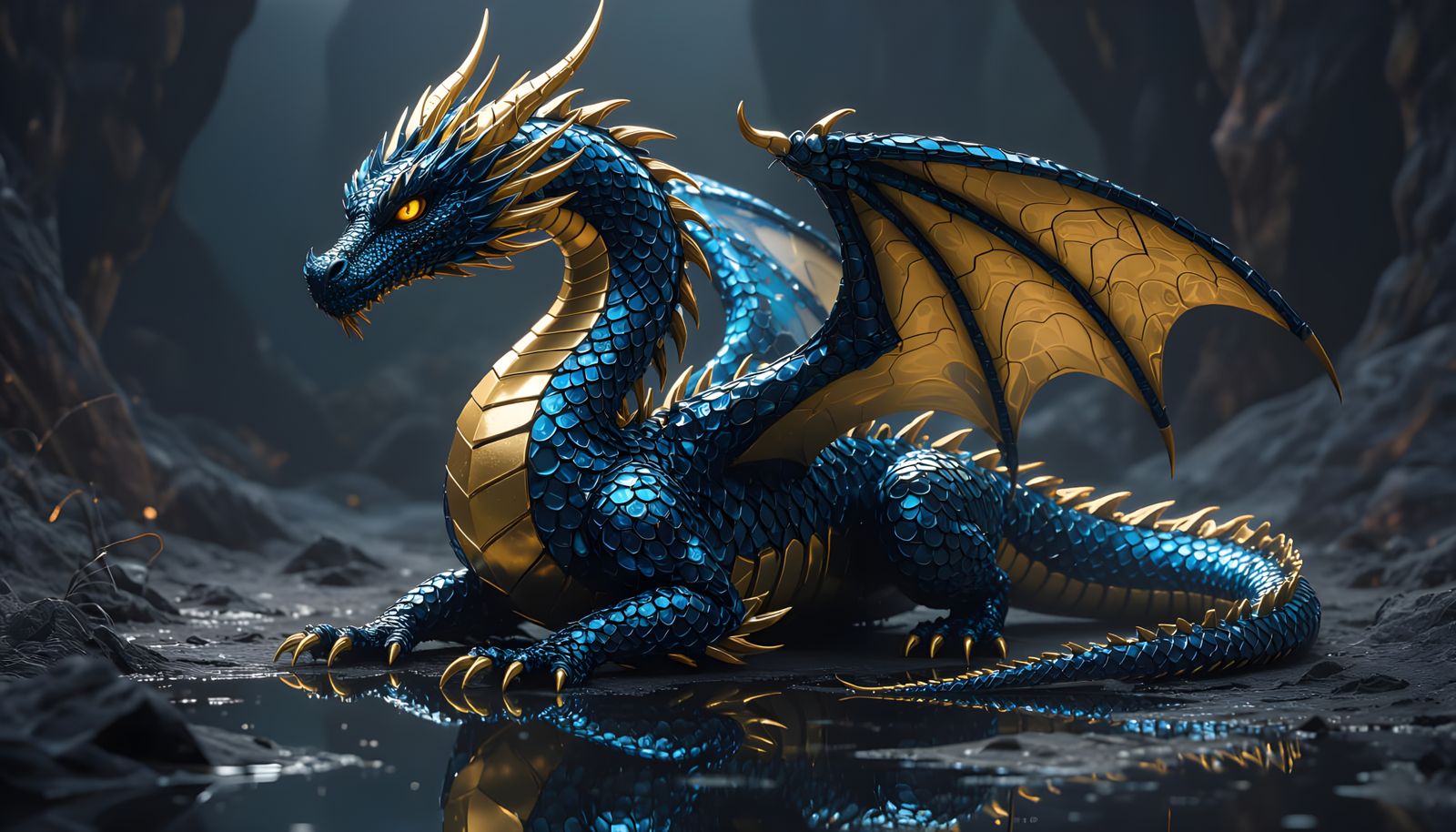 Metallic Blue and Gold Dragon Reflection