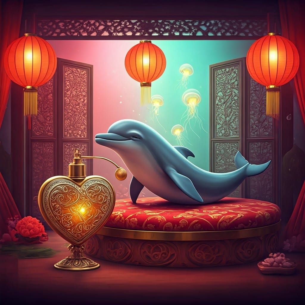 Cartoon Dolphin in Ornate Chinese Spa Setting