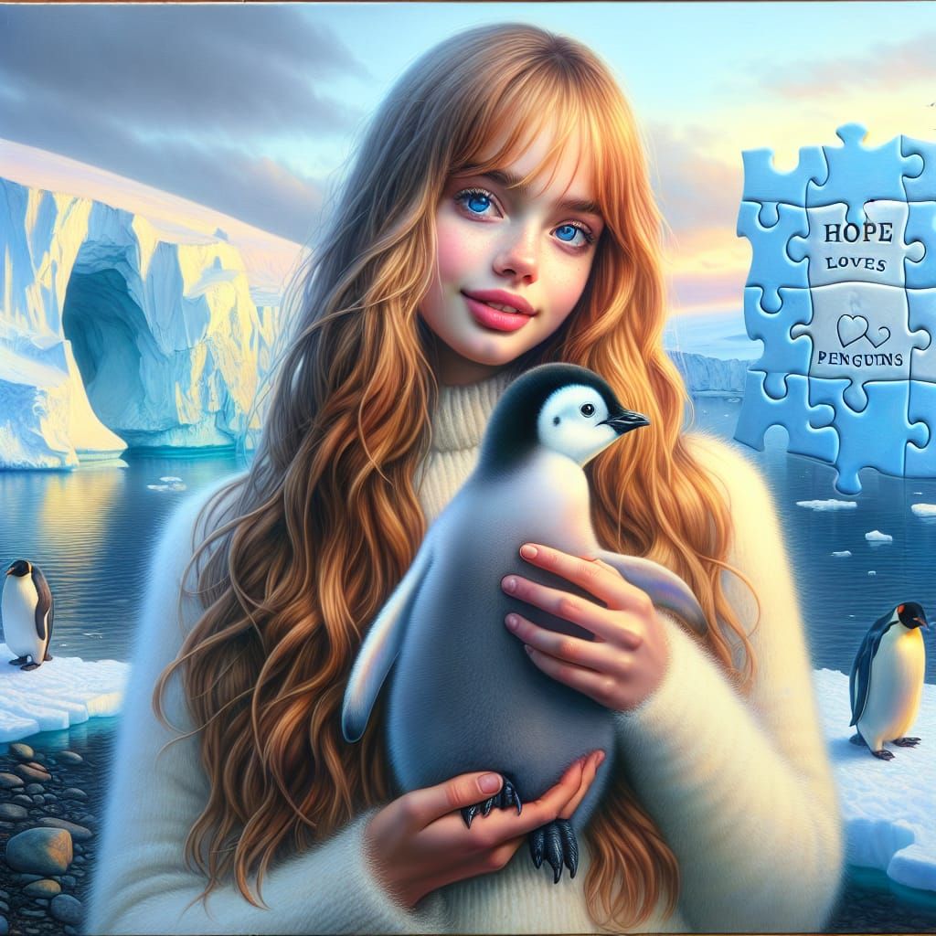 Girl with Penguin in Antarctica: 3D Oil Painting