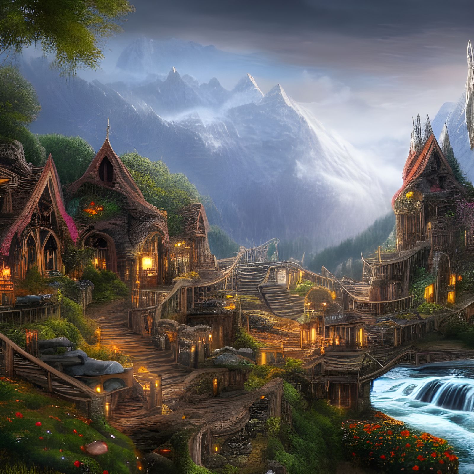 Detailed Elven City in Mountain Landscape