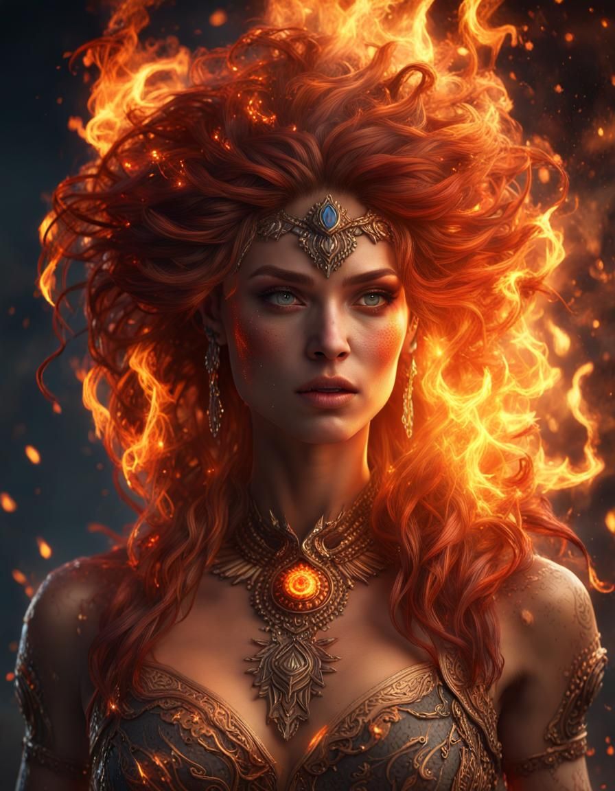 "legendary fire goddess", huge flaming hair, smoke, embers, sparks, head and shoulders portrait,