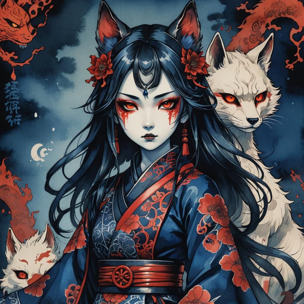 Demonic Porcelain Ninja Kitsune in Gothic Manga Style