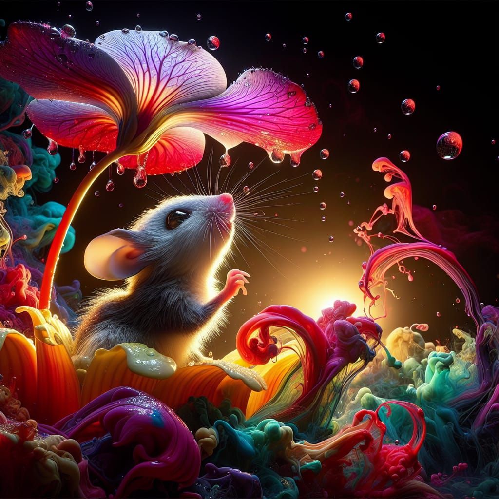 Mouse in Awe Under Flower, Matte Painting