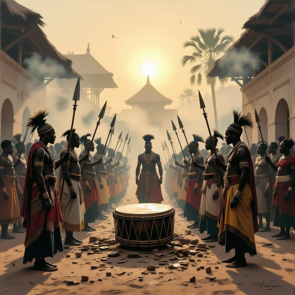 Misty African Royal Courtyard Mourning at Dawn