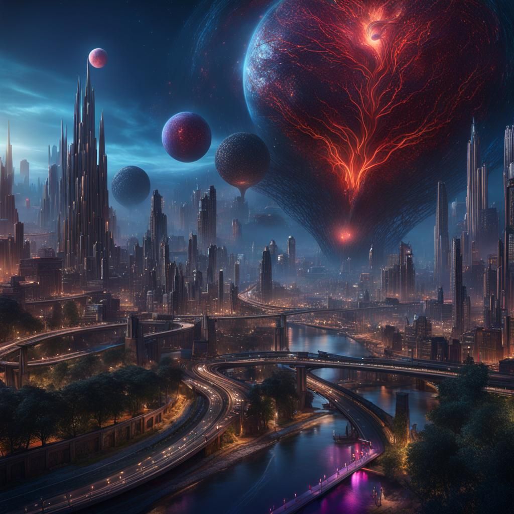 Planetary Human Silhouette with City-Heart in Detailed Matte...