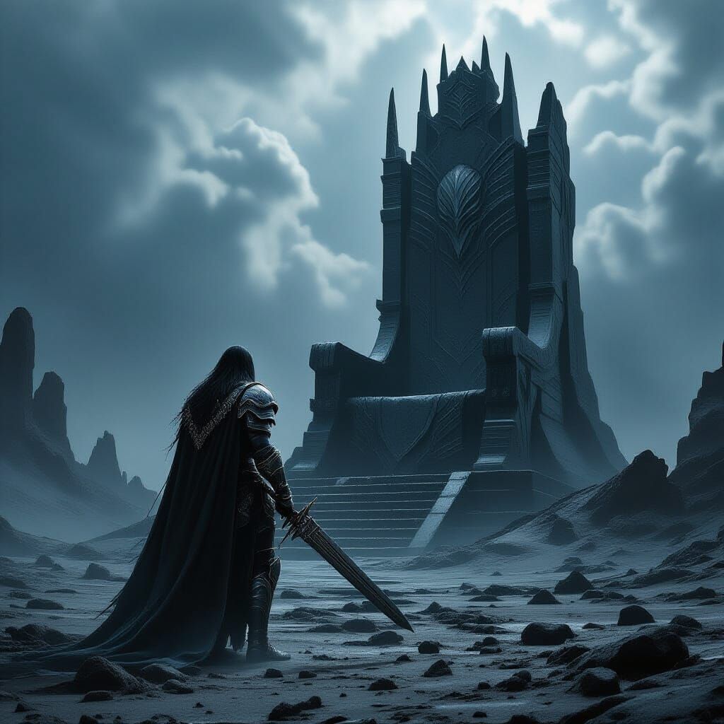 Obsidian Warrior in Wasteland, Hyperrealistic Art