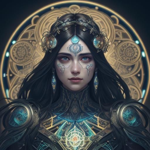 Intricate Portrait with Mandalas and Neon Accents