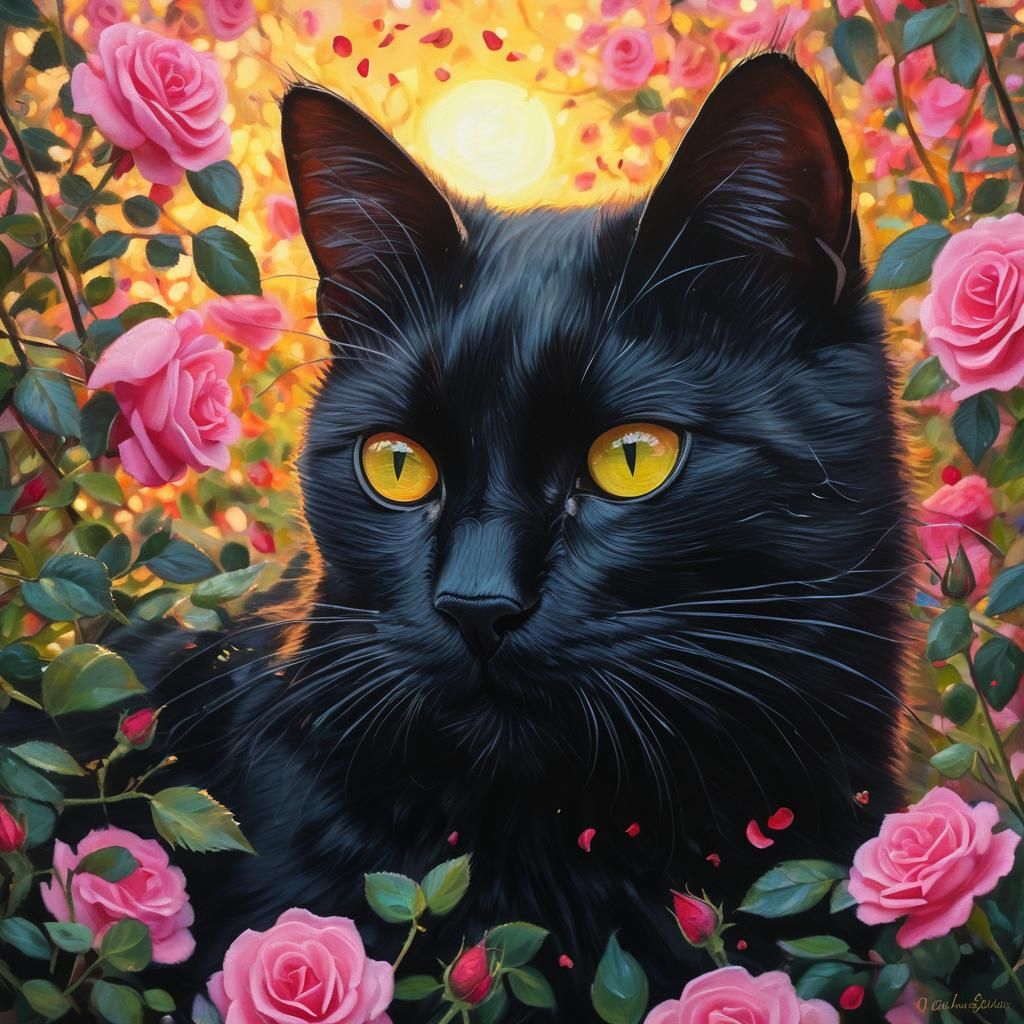 Black Cat in Rose Garden: Oil Painting Style