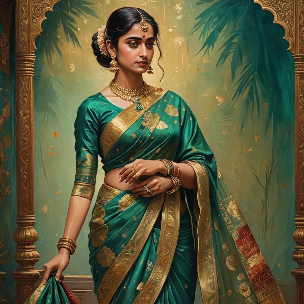Indian Woman in Saree: Vibrant Oil Painting