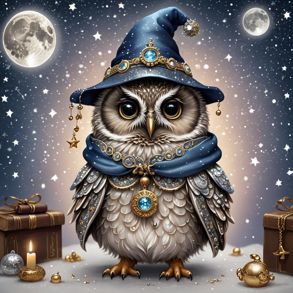 Chibi Owl Wizard with Silver Moon, Digital Art