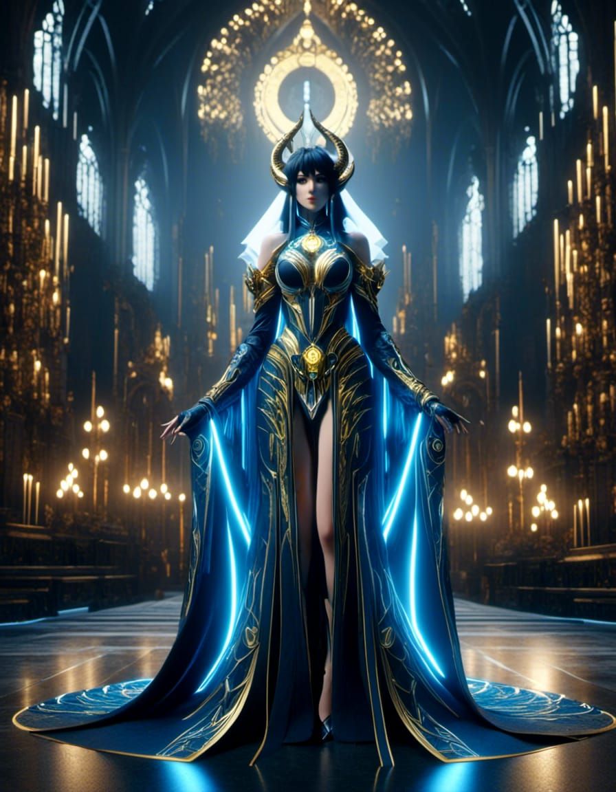 Anime 2D Symmetrical female, demon priestess, in cathedral, blue, yellow with white 16K Resolution <lora:Multi-Genre Fus...