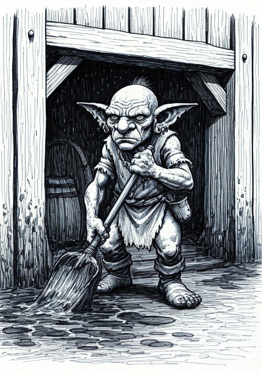 Little Goblin Peasant Scrubs a Pigsty in a High Fantasy Sett...