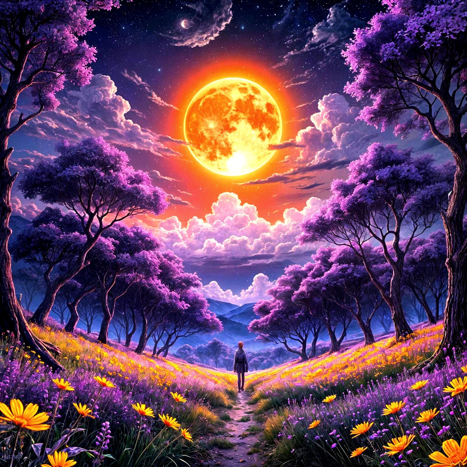 orange full moon, purple night skies anime clouds nebula pur...