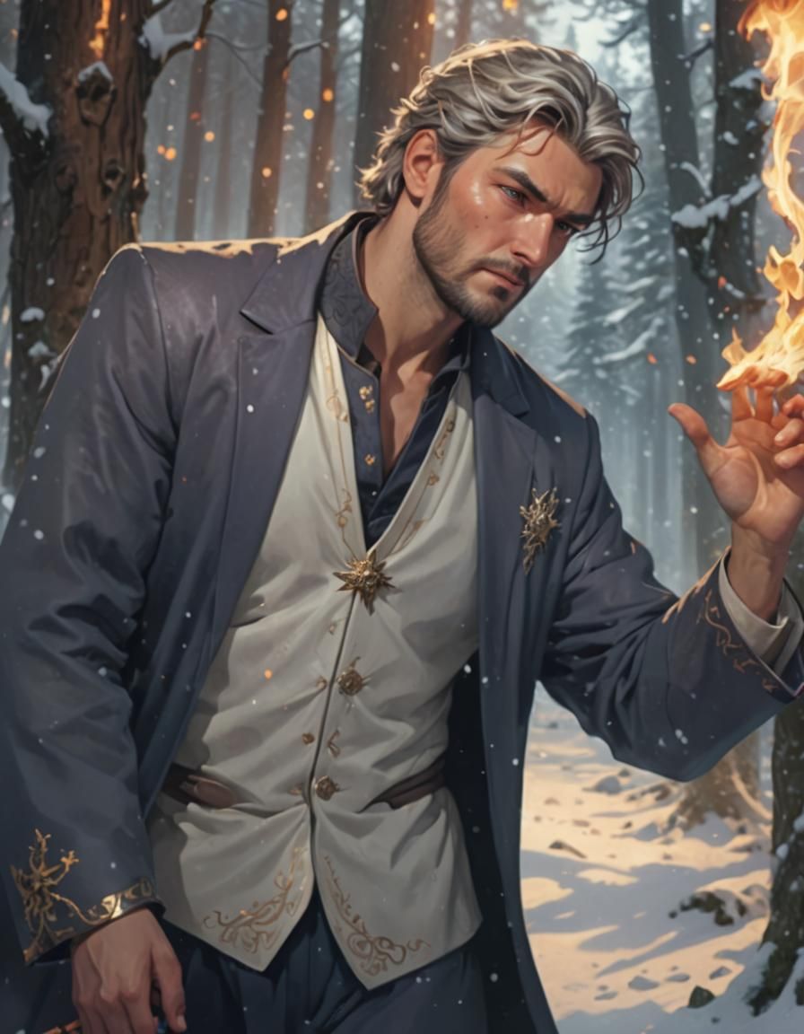 King Wielding Fire Magic in Winter Forest