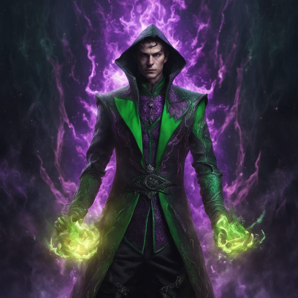 Half-Elf Wizard Conjuring Green Flames, Fantasy Art