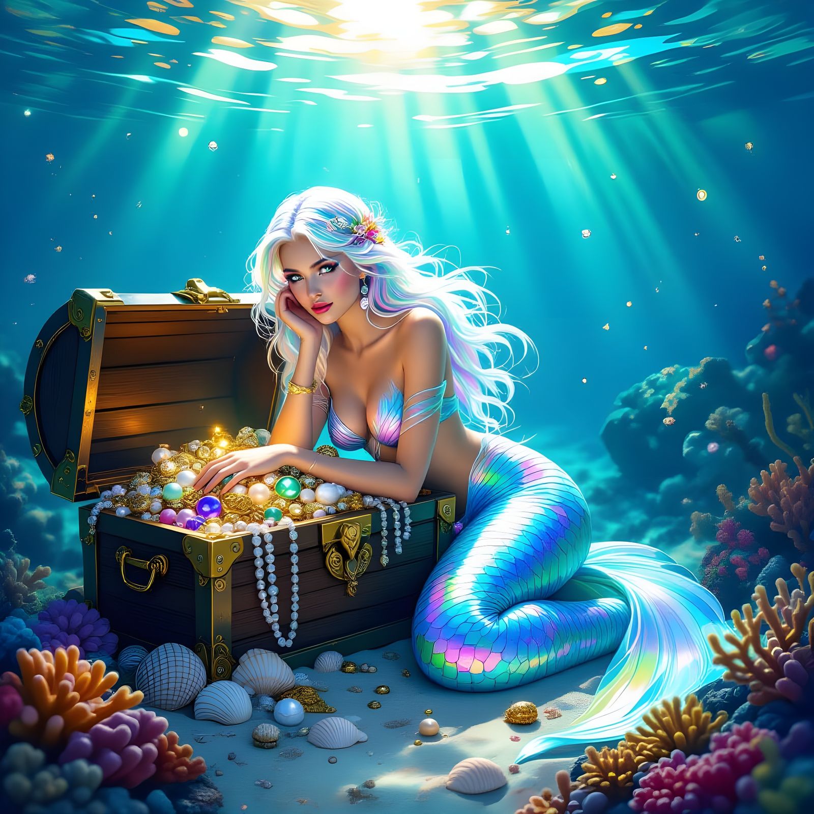 Ethereal Mermaid with Sunken Treasure, Digital Art